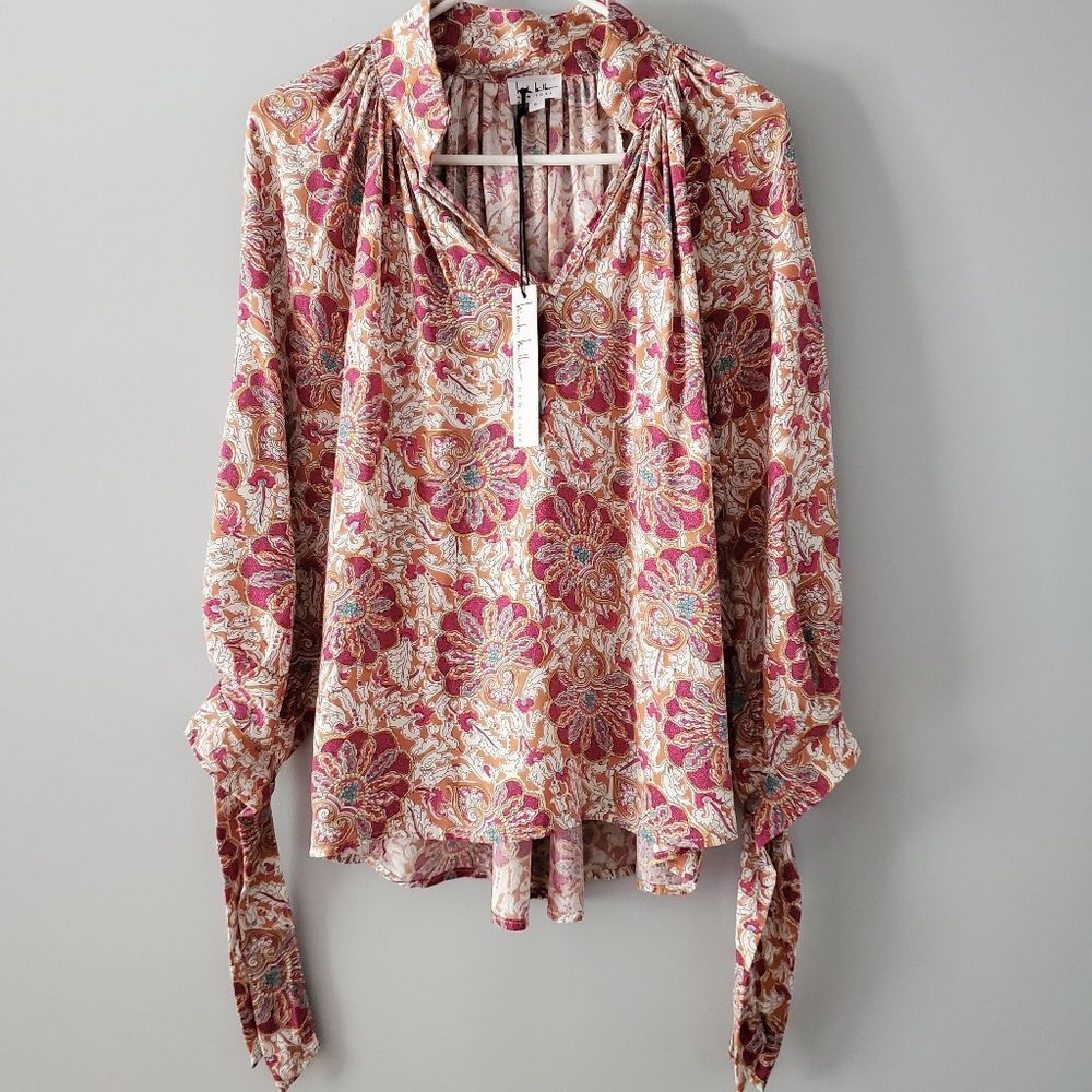 Nicole Miller Balloon Tie Sleeve Flowy Boho Printed Top Size S